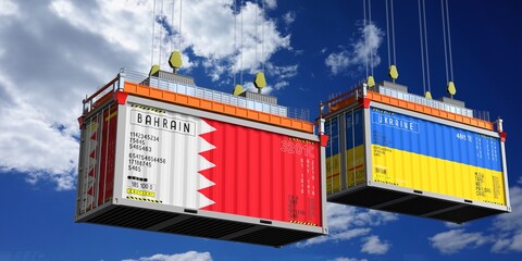 Shipping containers with flags of Bahrain and Ukraine - 3D illustration