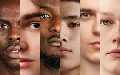 Collage made of cropped close-up portraits of different young men with varying skin tones and...