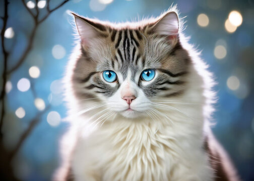 Beautiful young white cat with blue eyes on an abstract background.