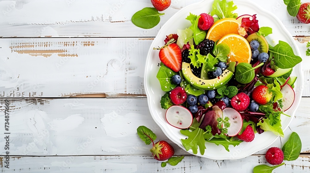 Poster fresh salad with fruits and greens on white wooden background top view with space for text. healthy 