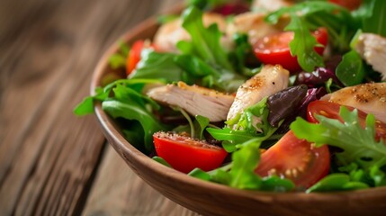 Fresh salad with chicken, tomatoes and mixed greens (arugula, mesclun, mache) on wooden background close up. Healthy food. : Generative AI