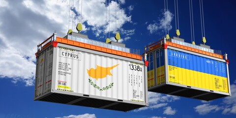 Shipping containers with flags of Cyprus and Ukraine - 3D illustration