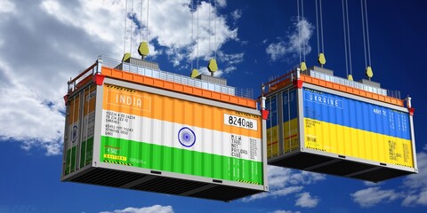 Shipping containers with flags of India and Ukraine - 3D illustration