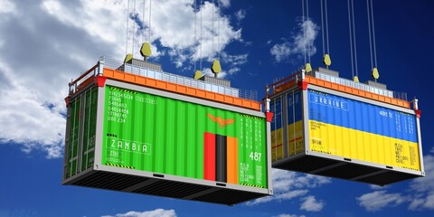 Shipping containers with flags of Zambia and Ukraine - 3D illustration