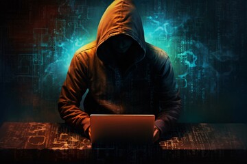 a man in a hoodie using a laptop - obrazy, fototapety, plakaty