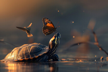 Illustration of a butterfly standing on the nose of a turtle, in the style of the decisive moment, very unusual illustration, soft pleasant light. Wild nature, unusual background. - obrazy, fototapety, plakaty
