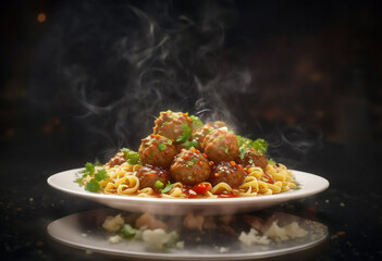 bowl of meatballs and noodles, hot sambal peppers on a wooden table.