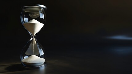 Sand running through the bulbs of an hourglass measuring the passing time in a countdown to a deadline, on a dark background with copy space. : Generative AI - obrazy, fototapety, plakaty
