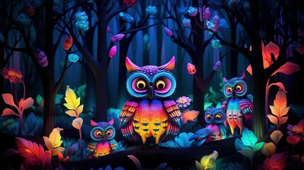 AI generated illustration of owls perched atop a rustic tree trunk in a colorful landscape