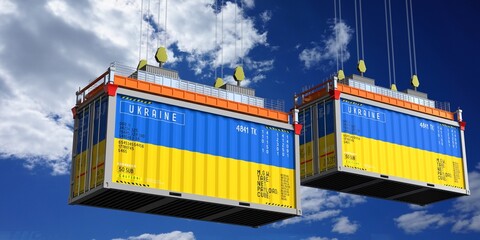 Shipping containers with flags of Ukraine - 3D illustration