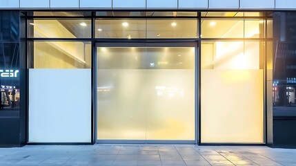 Front view on blank light wall background in empty shop window with place for your product presentation behind glass walls with night city reflection in modern building outdoors. : Generative AI