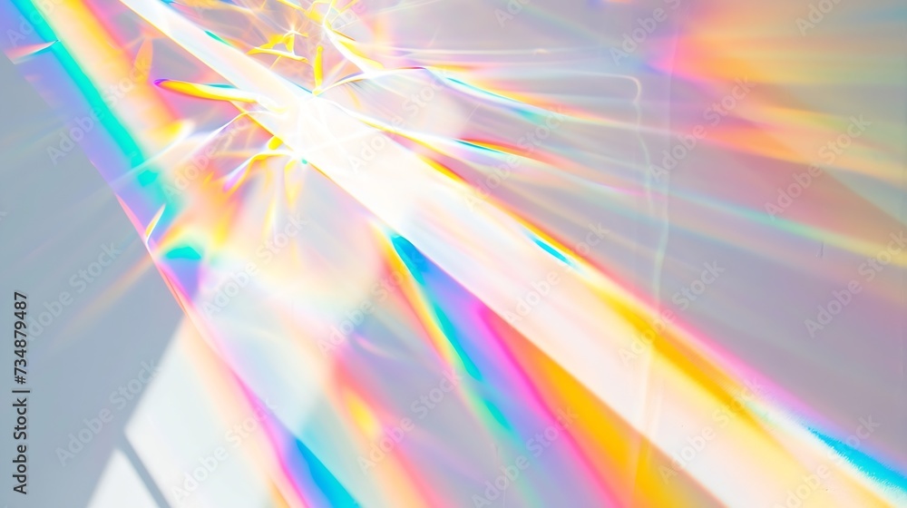 Poster Blurred rainbow light refraction texture overlay effect for photo and mockups. Organic drop diagonal holographic flare on a white wall. Shadows for natural light effects : Generative AI