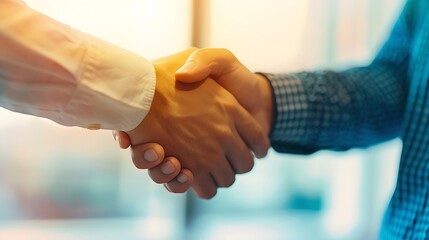 Business partnership handshake concept.Photo two coworkers handshaking process.Successful deal after great meeting.Horizontal, blurred background.Wide : Generative AI