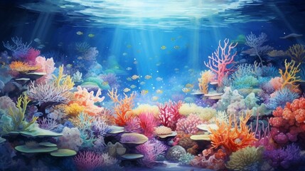 AI generated illustration of a mesmerizing underwater scene of colorful corals and fish