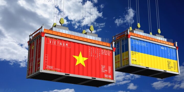 Shipping containers with flags of Vietnam and Ukraine - 3D illustration