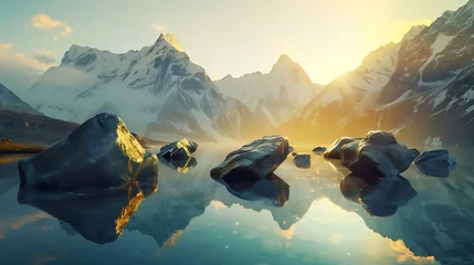 Papier Peint photo Vert bleu Beautiful landscape with high rocks with illuminated peaks, stones in mountain lake, reflection, blue sky and yellow sunlight in sunrise. Nepal. Amazing scene with Himalayan mountains. : Generative AI