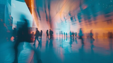 Abstract modern city background with people walking over buildings reflections. : Generative AI