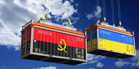 Shipping containers with flags of Angola and Ukraine - 3D illustration