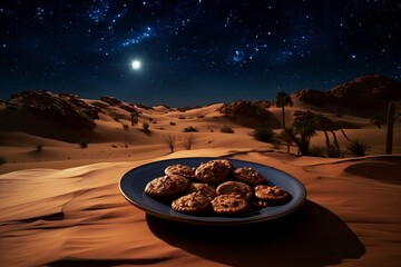 Fototapeta na wymiar Dates in a plate in a desert dune. Starry sky with a half moon sky lit with generative ai