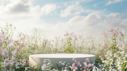 Fototapeta na wymiar Background scene with empty wooden podium platform and blurred spring flowers field. Beauty product display. Organic Natural concept. Mock up, Spa.