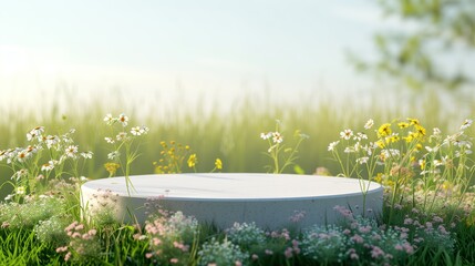 Background scene with empty wooden podium platform and blurred spring flowers field. Beauty product display. Organic Natural concept. Mock up, Spa.