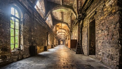Fototapeta na wymiar narrow street in the town wallpaper old abandoned factory wall corridor texture stone building