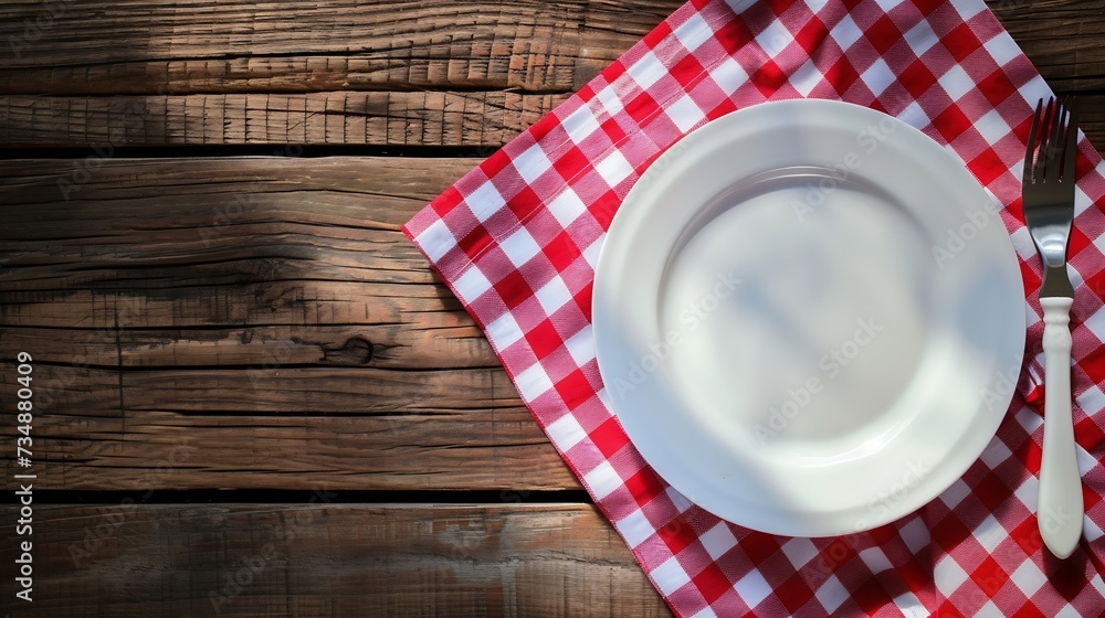 Poster white plate and fork on old wooden table with red checked tablecloth and copyspace : generative ai