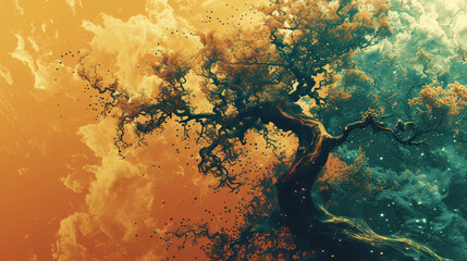 A painting of a tree with a sky background