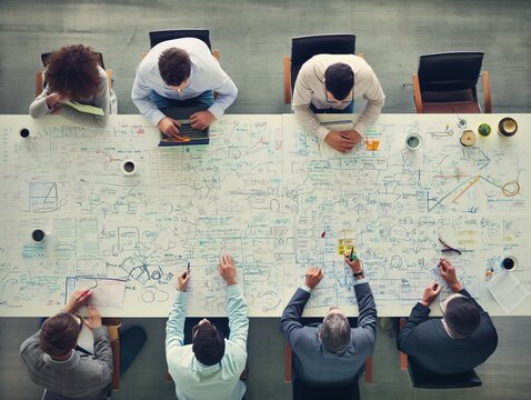 A group of colleagues brainstorming investment strategies in a conference room, with whiteboards filled with ideas and calculations