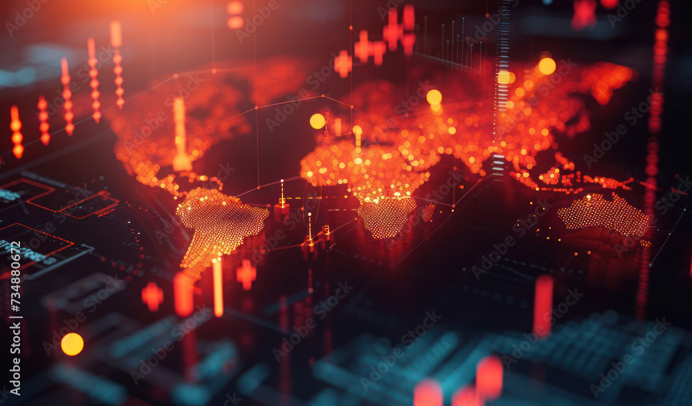 Poster intense close-up on a world map with financial symbols and currency signs, representing global econo