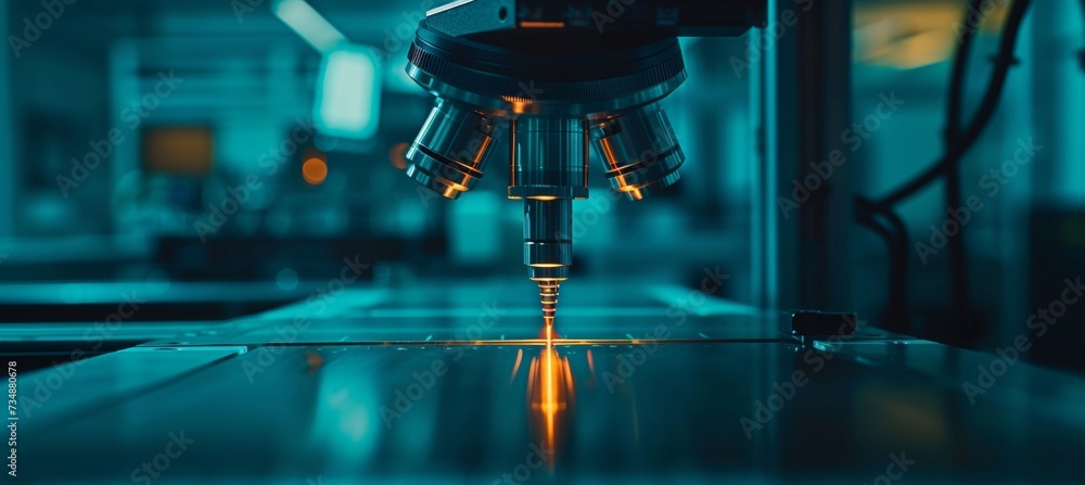 Poster cnc machine tool head close up cutting metal with text space in industrial setting