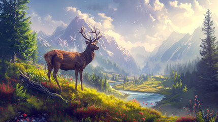 fantastic landscape with deer - obrazy, fototapety, plakaty