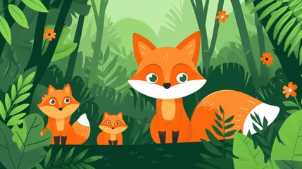 Enchanting scene of a fox and their adorable cubs exploring the lush green forest