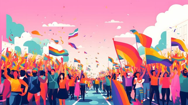 AI generated illustration of A group of people at Pride parade holding up multicolored rainbow flags