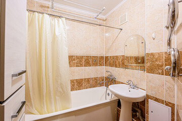 interior apartment room bathroom, sink, decorative elements, toilet. WC, sanitary unit, wash room