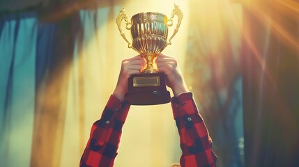 a man holding up a gold trophy cup as a winner in a competition toned with a retro vintage instagram filter effect app or action (backlit with the sun) : Generative AI - obrazy, fototapety, plakaty