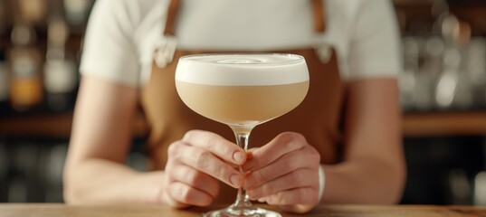 Experienced bartender decorating cocktail with close up view on blurred background and text space