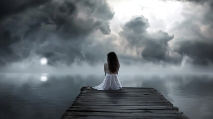 Self reflection in magical world of fantasy. One woman sits on a wooden pier. Cloudy above the lake. Long exposure : Generative AI