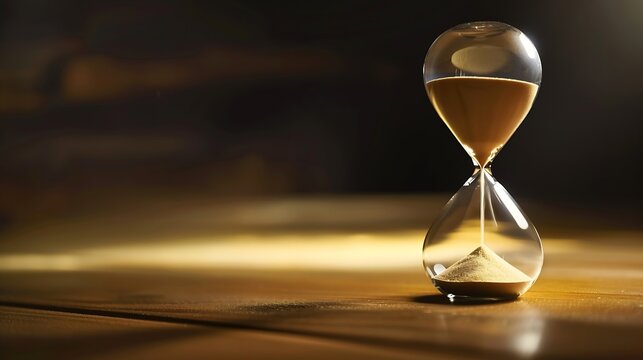Sand running through the bulbs of an hourglass measuring the passing time in a countdown to a deadline, on a dark background with copy space. : Generative AI