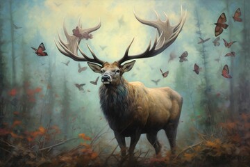 AI generated deer surrounded by flying butterflies