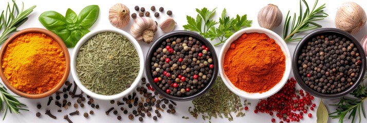 Assorted vibrant and aromatic spices and herbs neatly arranged in a row on a clean white background