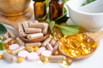 Alternative medicine herbal organic capsule with vitamin E omega 3 fish oil, mineral, drug with...