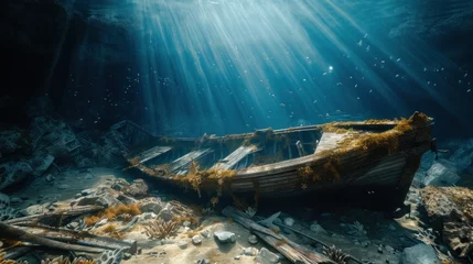 Poster Old broken fishing boat under water, wooden abandoned boat © Ruslan Gilmanshin
