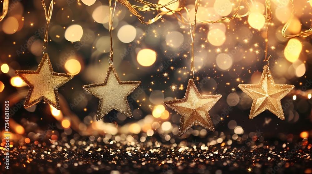 Poster golden christmas and new year glittering stars swirl on black bokeh background. backdrop with sparkl