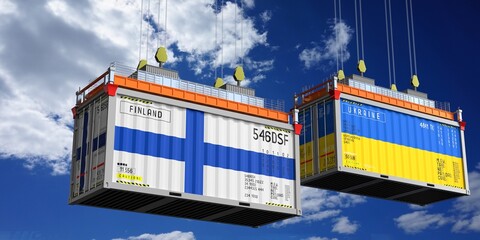 Shipping containers with flags of Finland and Ukraine - 3D illustration
