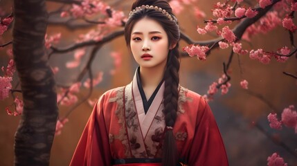 Young Korean girl in a traditional dress standing amidst wild cherry blossoms, AI-generated.