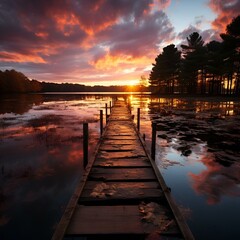 AI generated illustration of a wooden dock extending into a tranquil lake, illuminated by the sunset