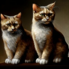 AI generated illustration of two domestic cats sitting side by side on a table on a dark background