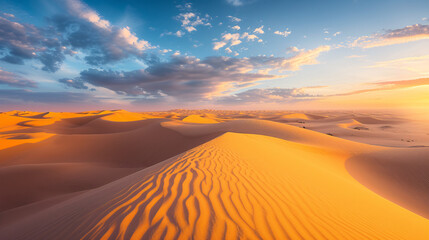 Fototapeta na wymiar desert dunes at twilight, a mesmerizing landscape bathed in soft hues of orange and pink beneath the fading sun
