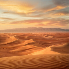 desert dunes at twilight, a mesmerizing landscape bathed in soft hues of orange and pink beneath the fading sun